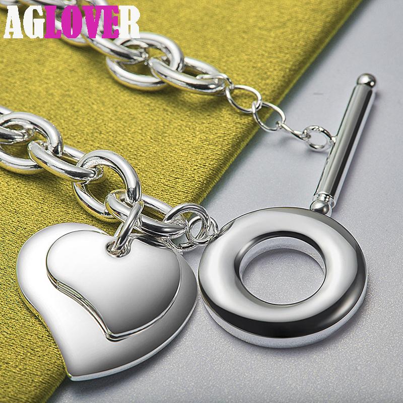 925 Sterling Silver Two Heart Pendant Bracelet Chain Jewelry