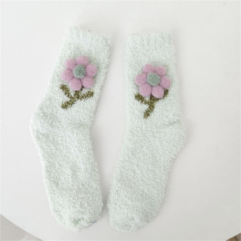 Japanese Women Girl Cute Coral Fleece Slipper Socks 3D Plush Flower Thicken Warm Thermal Fuzzy Floor Sleeping Socks