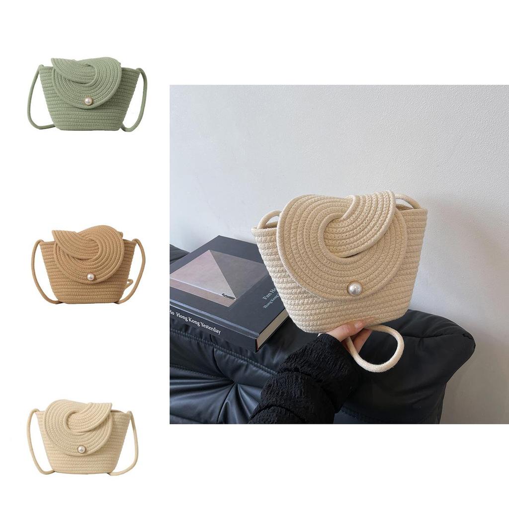 Grass Weaving Solid Color Crossbody Bag With Flap Closure For Beach Vacation Use