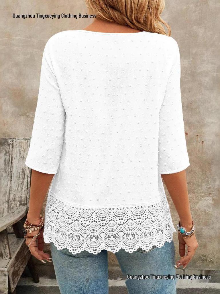 French Forest Style Hollow Embroidery Lace Casual Women's Short Shirt