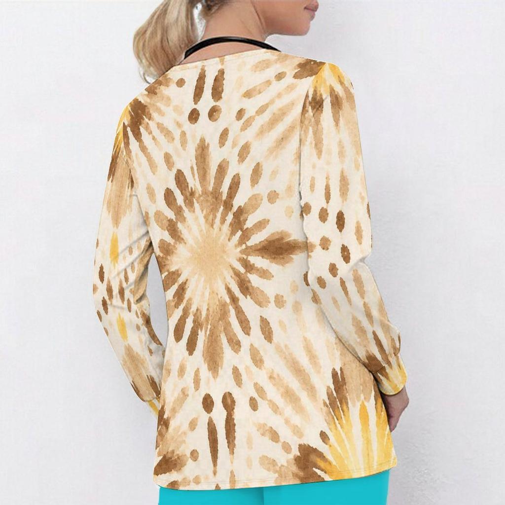 Women Plus Size Abstract Printed Nurse Scrub Top V Neck Long Sleeve With Front Pockets