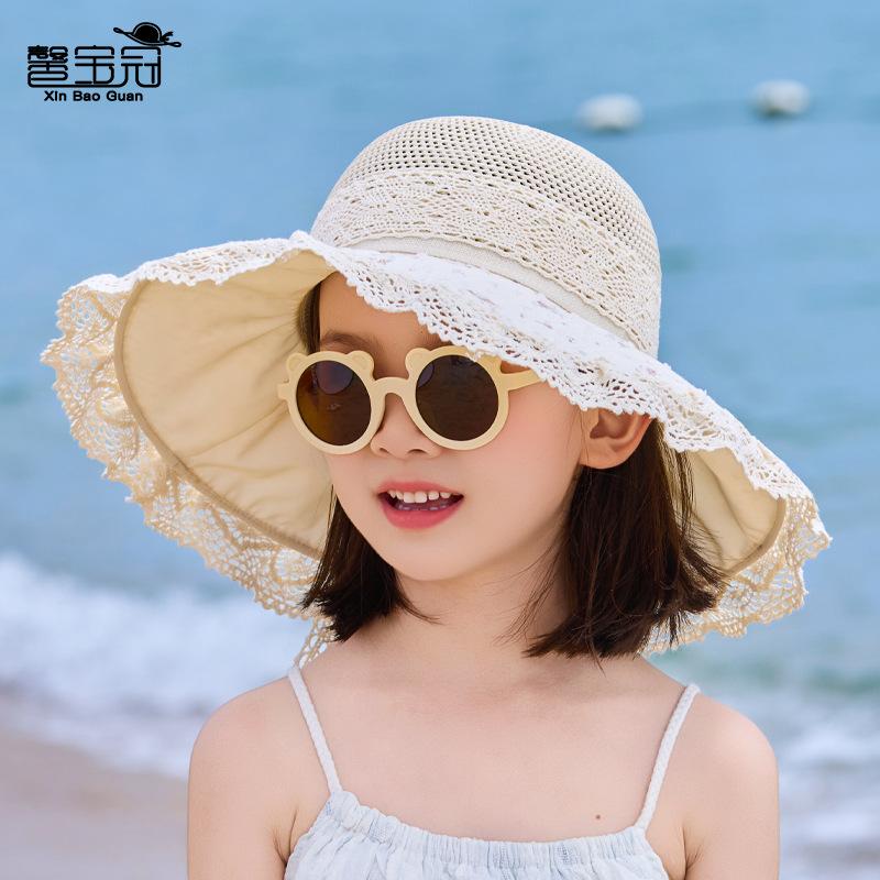 Children's Hat Summer Outdoor Travel Sunscreen Hat Hollow Breathable Straw Visor Lace Large Brim Bucket Hat