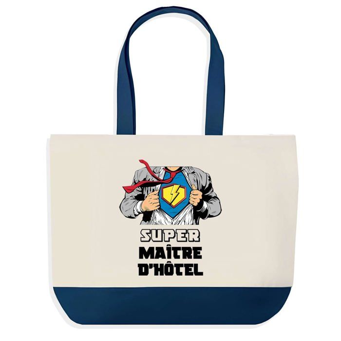 Tote bag - PLANETEE - Sac shopping fond bleu Super Maître d'Hôtel Instituteur Prof - Bleu - Coton - 40x45 cm