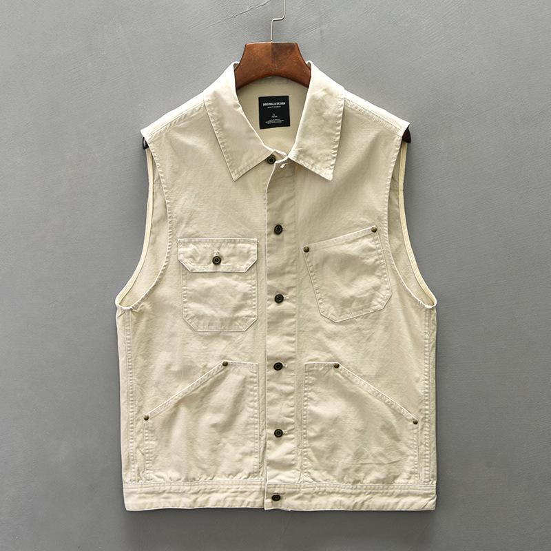 

Korean Retro Style Cargo Vest for Men Fishing Jacket Vest Multi Pocket Sleeveless Jacket Pure Cotton Casual Waistcoat Men M абрикосовый