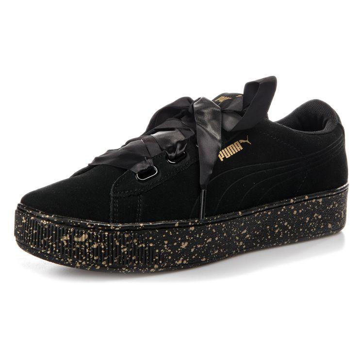 Puma Vikky Platform Ribbon Retro Casual Sneakers Women Sneakers Black Gold 366815-01