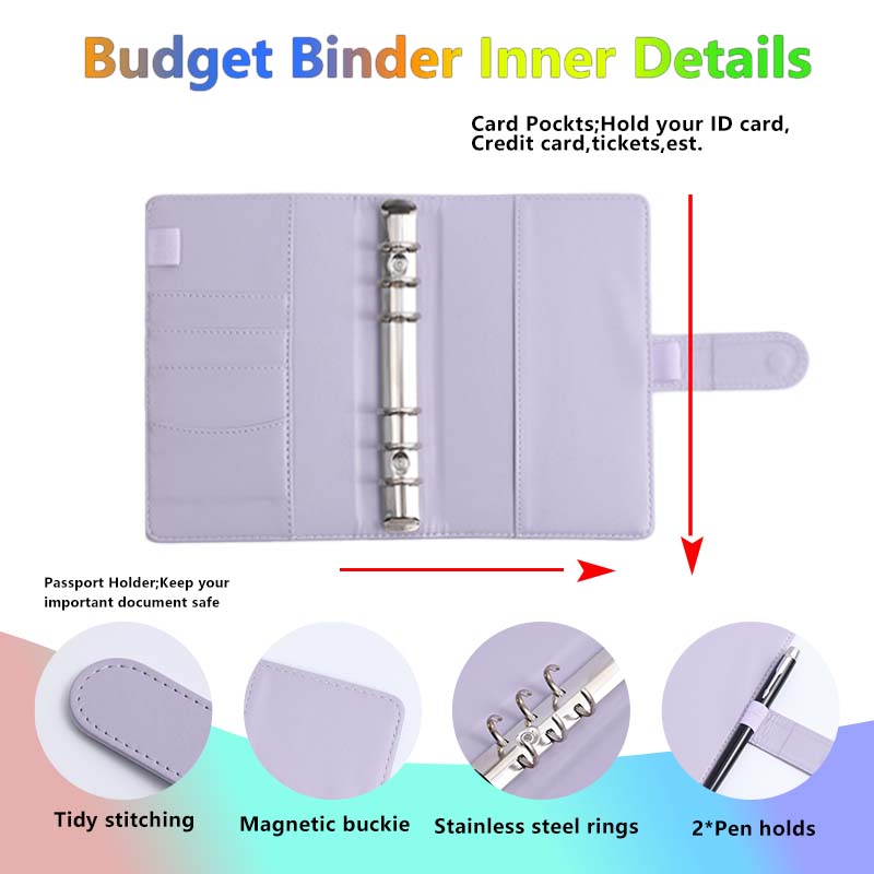 A5 budget binder planner with 5 cash envelopes and plan pages, colored PU leather notebook binder