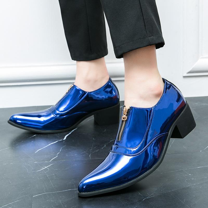 European Station Glossy Casual Leather Shoes Spring and Autumn Fashion Pointed Business Shoes Front Zipper Dress Thick Heel Heightening Shoes