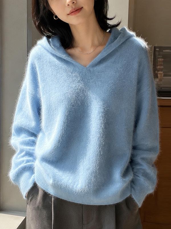 Women's Solid Color Hooded Cashmere Wool Knit Sweater - Long Sleeve Base Layer for Autumn & Winter