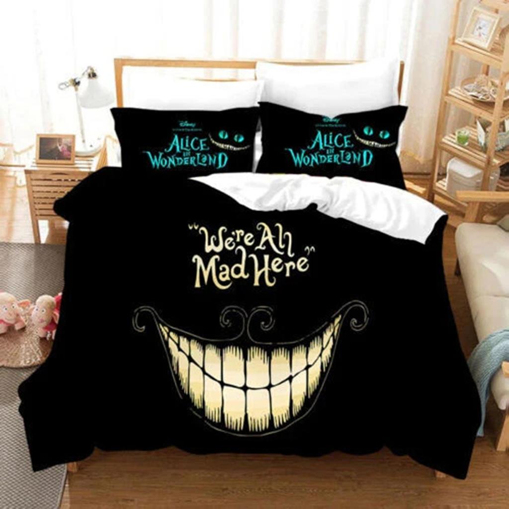 Alice In Wonderland Cheshire Cat Bedding Set Kawaii Pink Purple Duvet Cover With Pillowcases Anime Quilt Cover Bedroom Decor