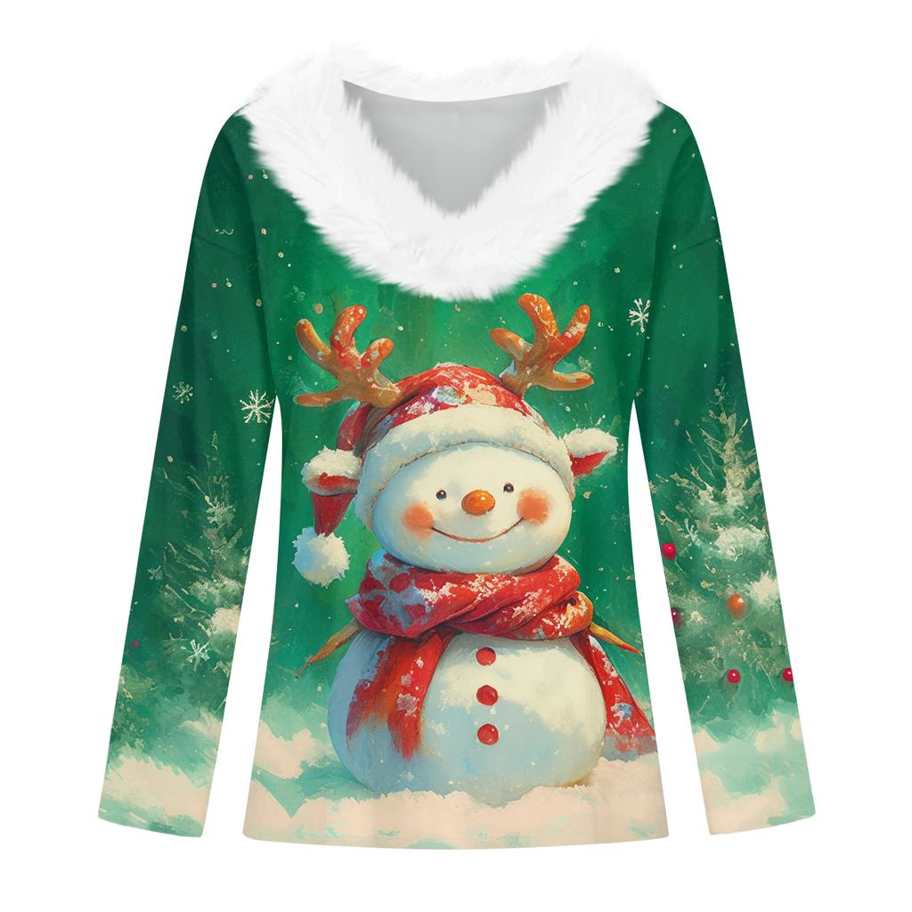 Women's Christmas Printed Long Sleeved Party Plush Neck V-neck Top