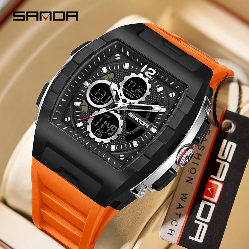 Sanda Men's Sports Barrel-Shaped Luminous Countdown Watch with Triple Time Zone and Dual Display, Waterproof Design.