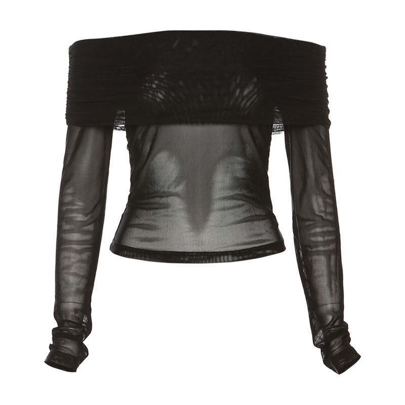 # Sisjuly# Fashion Sexy off-the-Shoulder Mesh See-through Easiest for Match T-shirt Female Stylish Slimming Long Sleeve Top