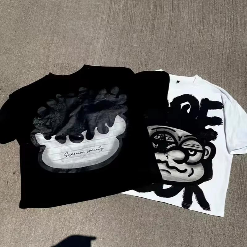 ZYLLO Vintage Big Face Graphic Print Cotton T-Shirt Men Y2K Short Sleeves Vintage Oversize Tshirt Streetwear