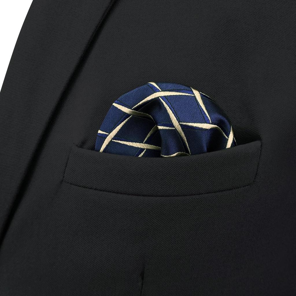 [S&W SHLAX&WING] Men's Tie & Pocket Square Set, Navy Blue & Yellow, Medium, 147cm