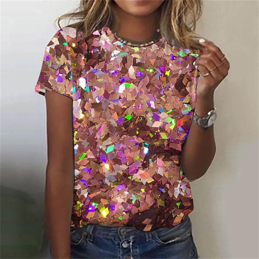 Camiseta Feminina com Estampa Padrão 3D Casual Manga Curta Gola Redonda Top Moderno Roupas Femininas de Rua