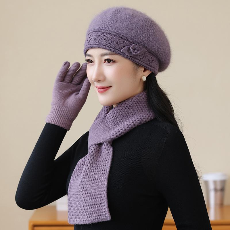 Chapeau d'hiver Béret en poils de lapin Pour les personnes âgées Chapeau thermique épais empilé Chapeau tricoté