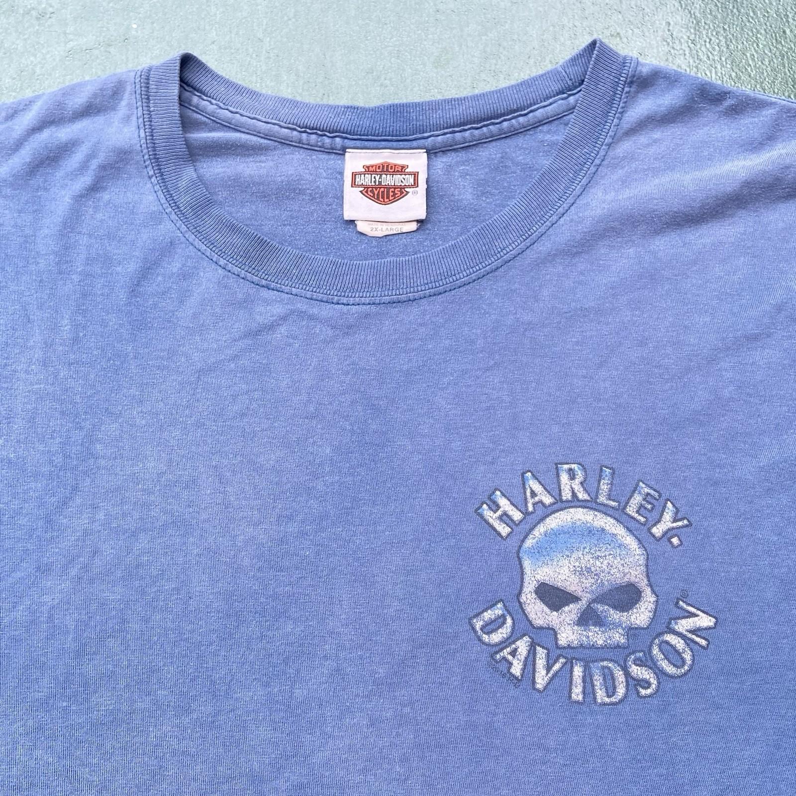 Harley Davidson Motorcycle T Shirt Men’s 2XL Blue Faded Biker Skull Double Sided Unisex T-Shirt M