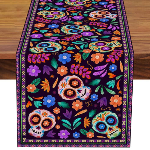 Mexican Skeleton Tablecloth - New Mexican Day of the Dead Table Runner, Mexican Sugar Skull Kitchen and Restaurant Decor, Rustic Linen Tablecloth, Mex