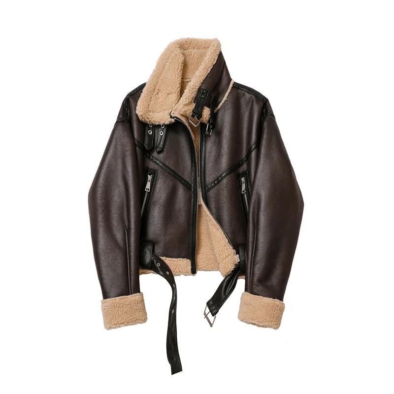 Women's Winter Warm Coat 2024 New Faux Leather Lamb Fleece Thickened Jacket Casual Motorcycle Bike Coat Belt Coat