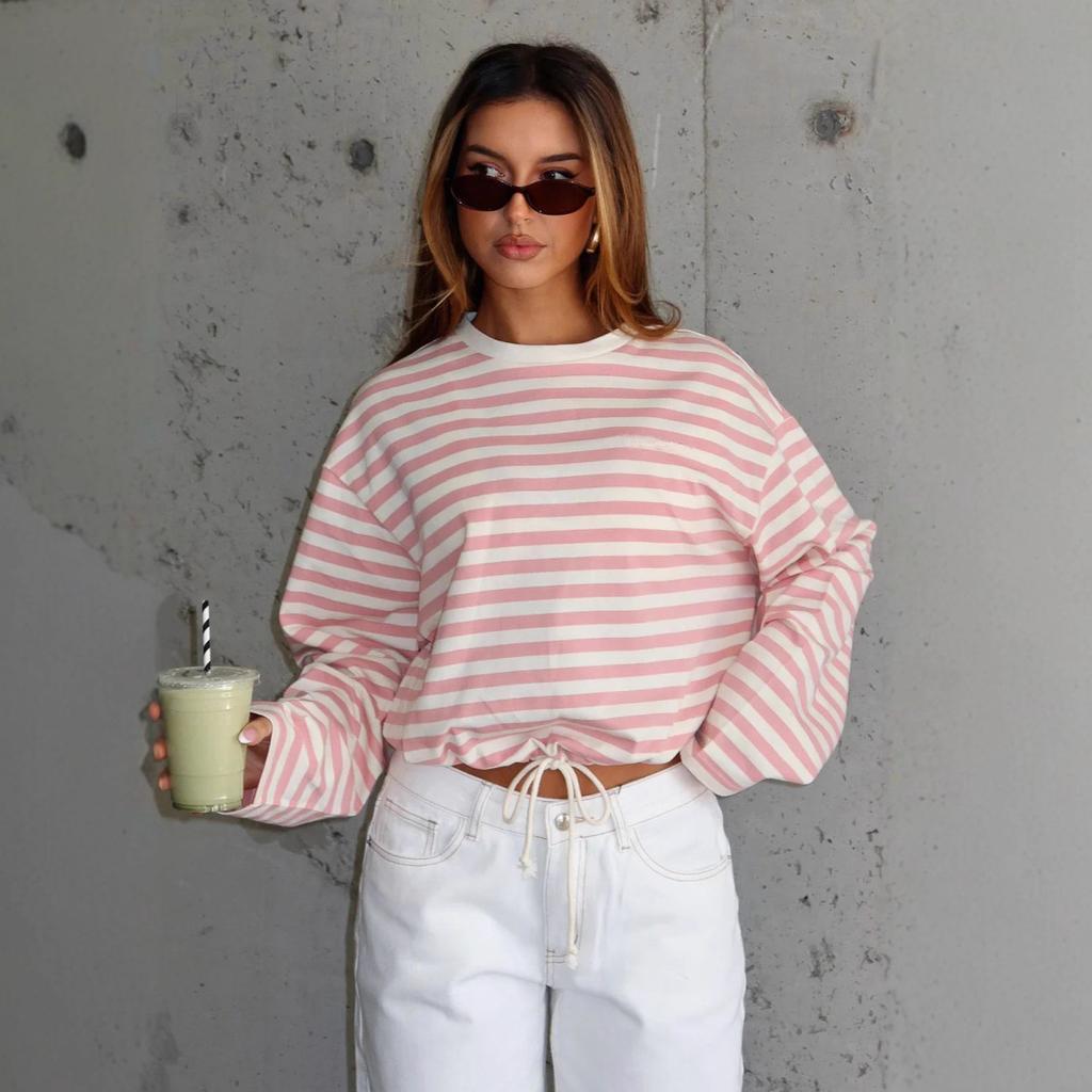 2026 New Women's Casual Pullover Long Sleeve Striped Sweatshirt Loose Korean Style Blouse Tee