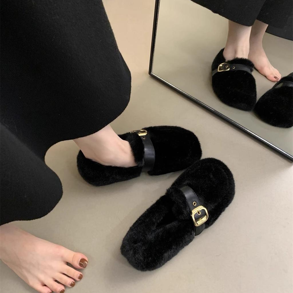 One pedal fairy mink hairy shoes female outer wear Internet celebrity Korean version soft flat beanie shoes female winter velvet cotton ladyshoes