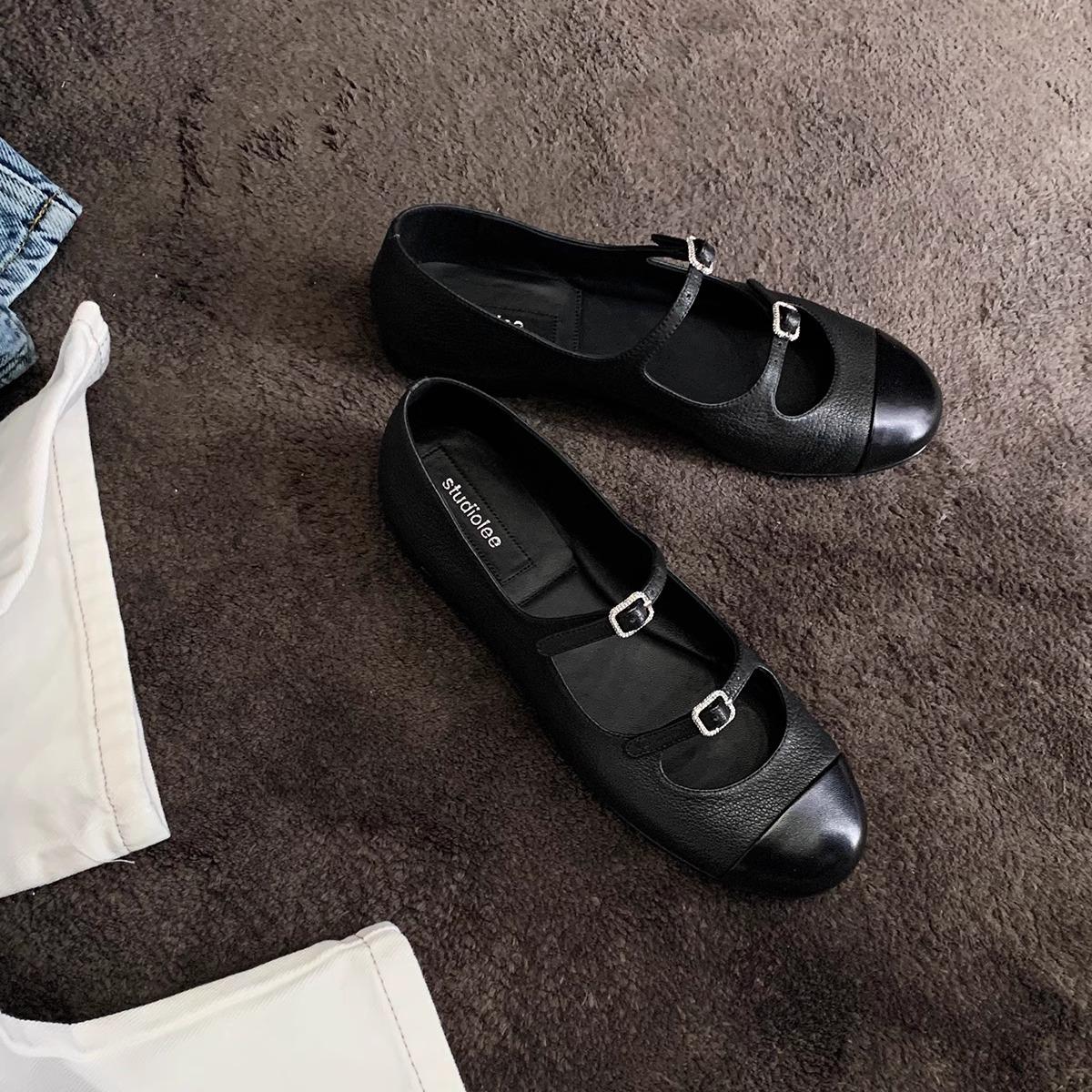 

Овчина новая круглая голова ретро плоская подошва мелкий вырез универсальные Мэри Джейн женские одинарные туфли 40 чёрный