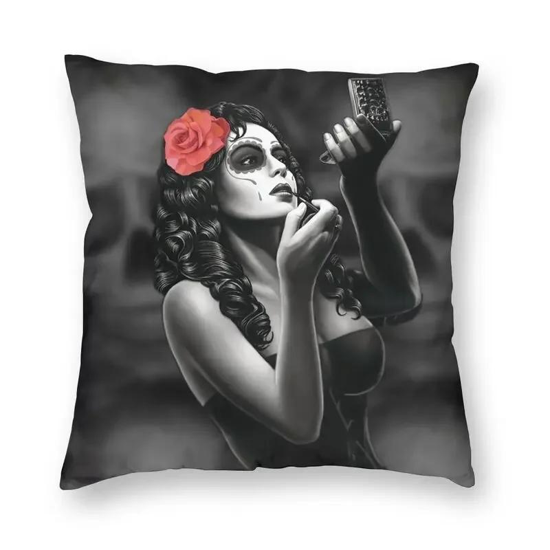 Halloween Zuckerschädel Mädchen Kissenbezug Sofa Heim Dekoration Mexikanisch Chicano Stil Quadratischer Wurfkissenbezug 40x40cm