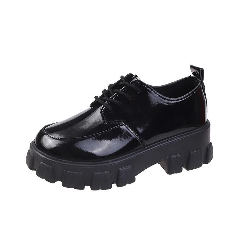 Black round head Mary Jane shoes children thick low single shoes waterproof table high heels lace-up women's shoes new