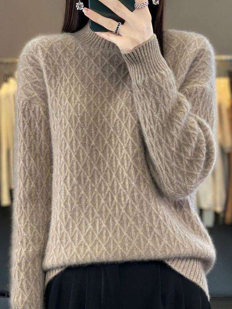 2023 Loose Fit High Neck Wool-Blend Sweater with Diamond Pattern for Autumn & Winter