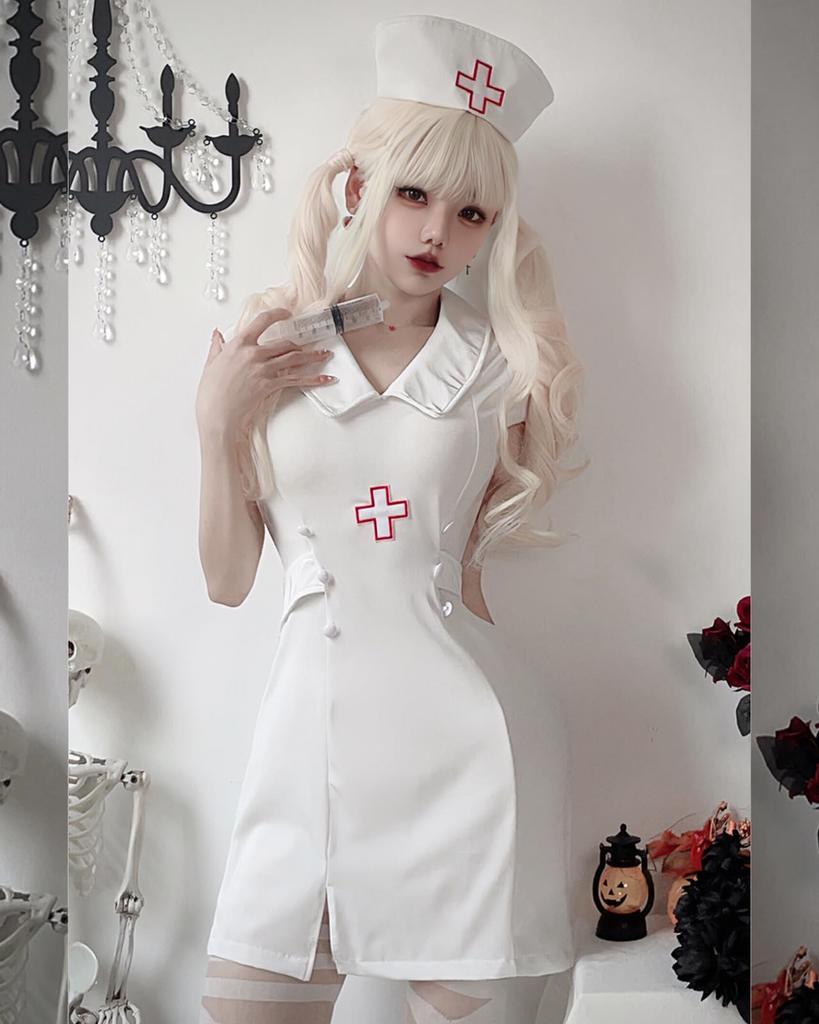 Milky Time Women's Nurse Dress, White and Black, Halloween Cosplay Costume