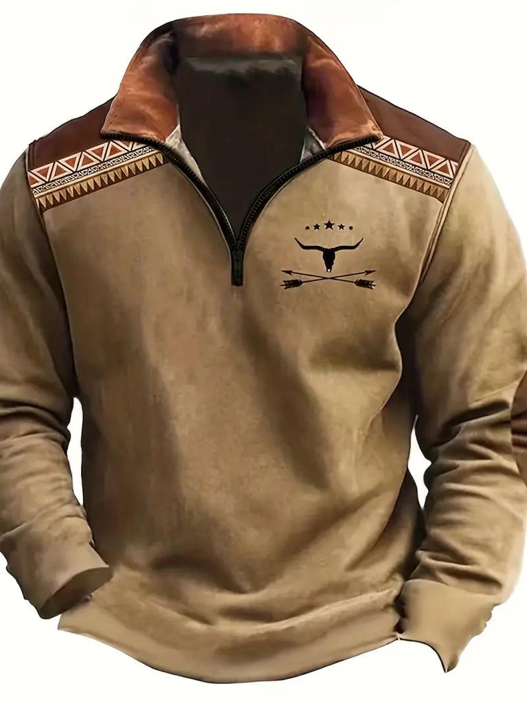 Ethnic Geometric Print Long Sleeve Zip Polo Shirt, Trendy Casual Top