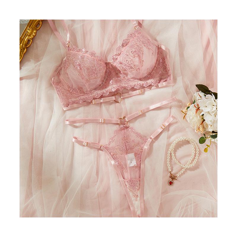 French Pink Sexy Lace Push-Up Lingerie Set for Women - Ultra-Thin, Comfortable, Semi-Transparent Mesh