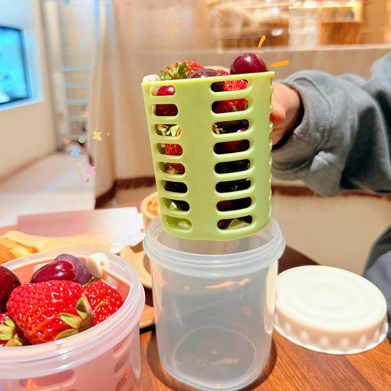 Outdoor Anti Drop Fruit Cup, Portable Double-Layer With Drain And Fork, Breakfast Salad Cup, Outdoor Picnic Fruit Cup, Oat Cup