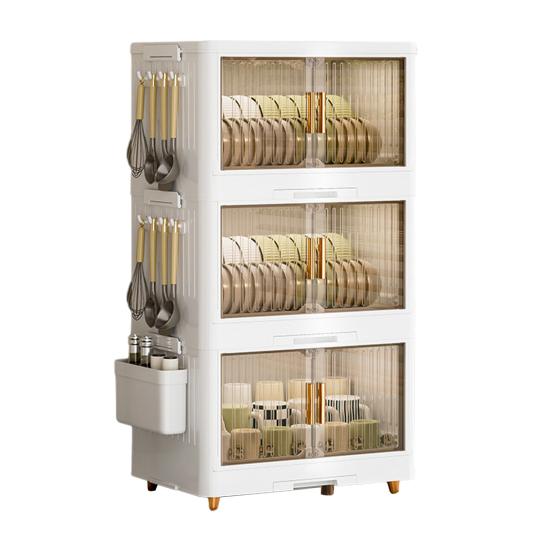 Stackable Tableware Storage Box Multi-Tier Dinnerware Organizer with Clear Lid Doors Hooks Dishes Plates Cups Storage Bins with Drainage Tray