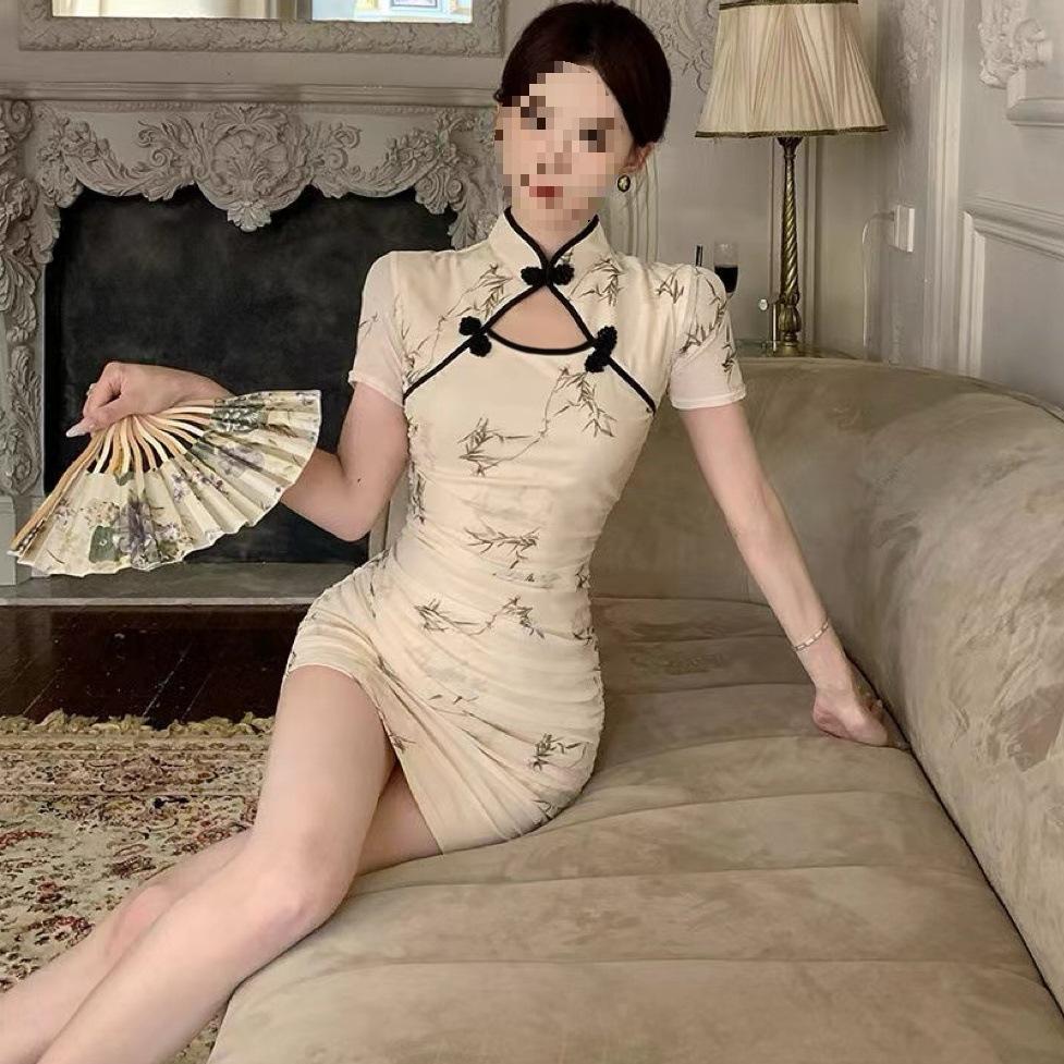 Elegant Floral Qipao Dress: Summer Pleated Waist, Hollow-out Frog Buttons