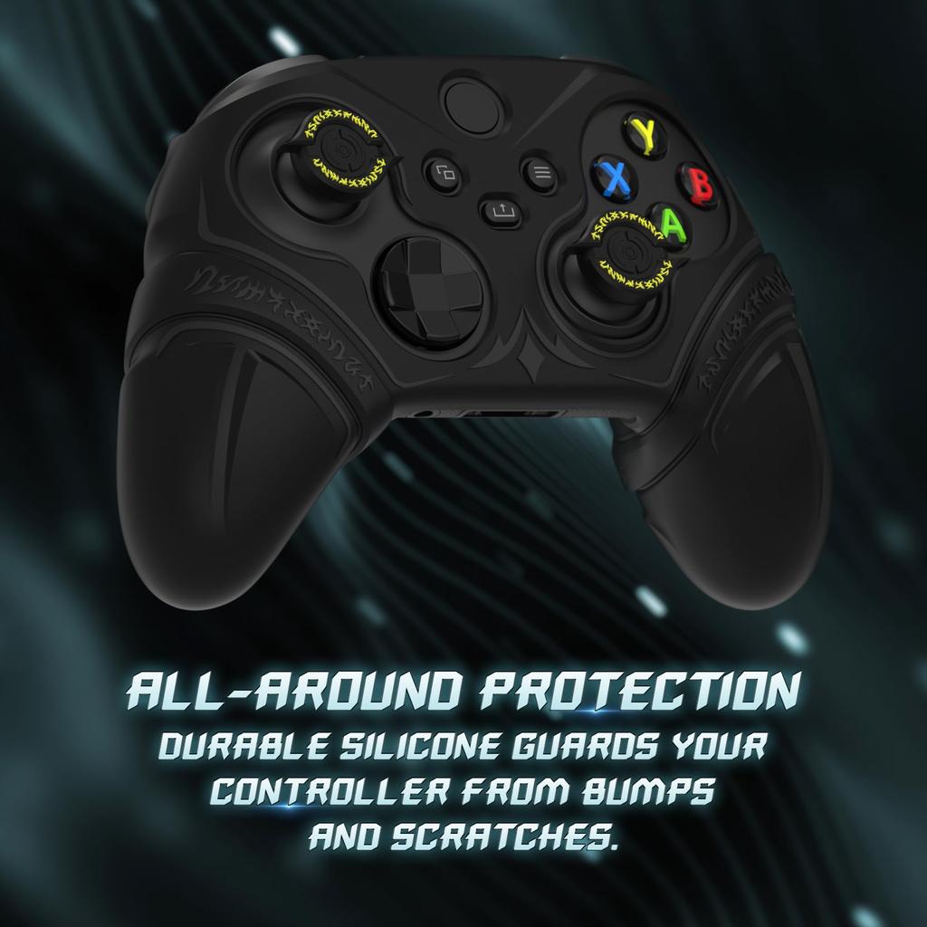 PlayVital Silicone Controller Cover for Xbox Series with Thumb Caps Stickers Grip Shock Absorbing Runes Edition X/S & – Non-Slip Skin, – (Black)
