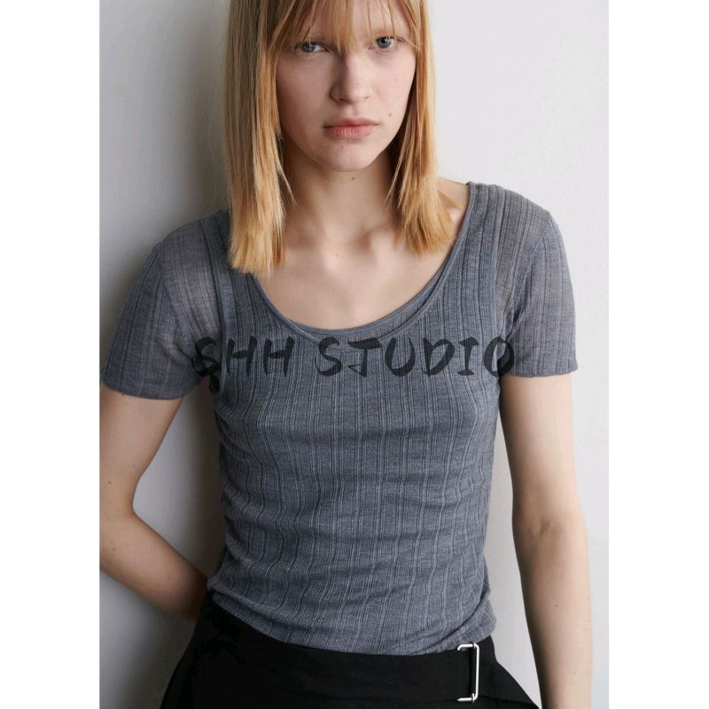 MD Summer New Product Women's Clothes American Slim-Fit Rib Knitting Mulberry Silk Blended T-shirt Tops 1293045