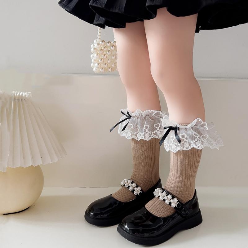 Lolita Princess White Lace Socks Children Spring Autumn Cotton Socks Korean Girl Bow Long Socks Solid Color Kids Knit Stockings