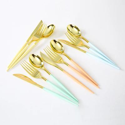6pcs Colorful Plastic Goldplated Knife Fork Spoon Set with Handle Children Birthday Party Decoration Tableware Gatherings Dinner