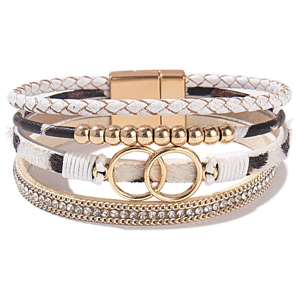 Handwoven Leather Bracelet Bracelet Double Ring Magnetic Buckle Diamond Enlaid Women's Leather Bracelet