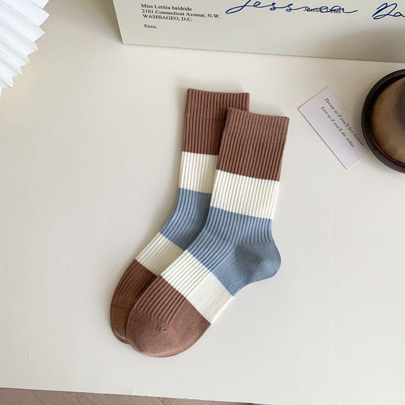 

Женские носки с вышивкой в виде мультяшного медведя для девочек, милые носки Kawaii, женские полосатые вязаные хлопковые носки средней длины в корейском стиле EUR 35-39