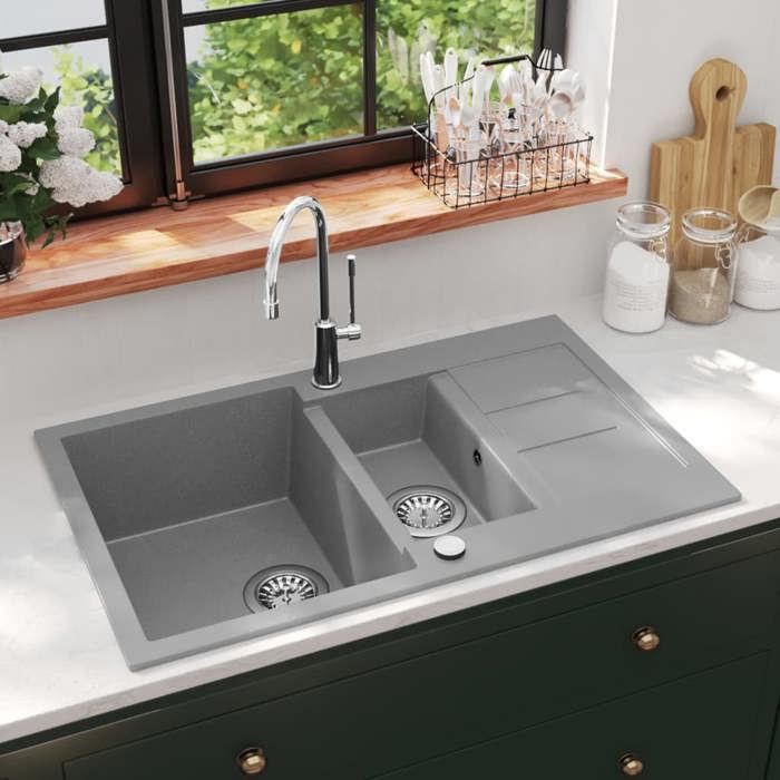 VidaXL Évier de Cuisine en Granit Double Bac Gris Décoration Cuisine Maison 142951