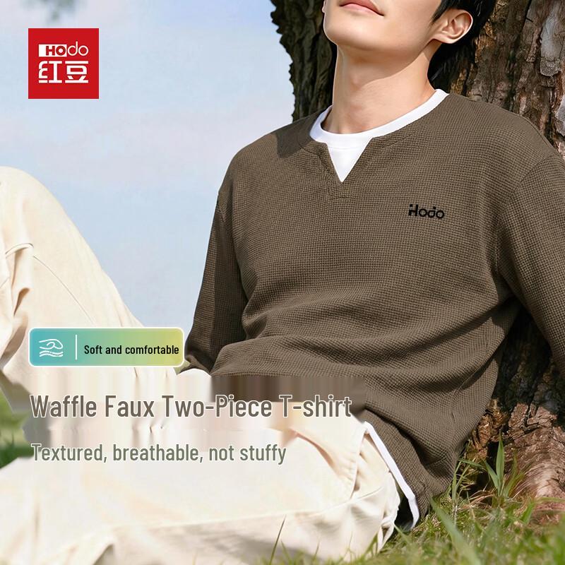 Hodo Men's Waffle Knit Faux Two-Piece Long Sleeve T-Shirt