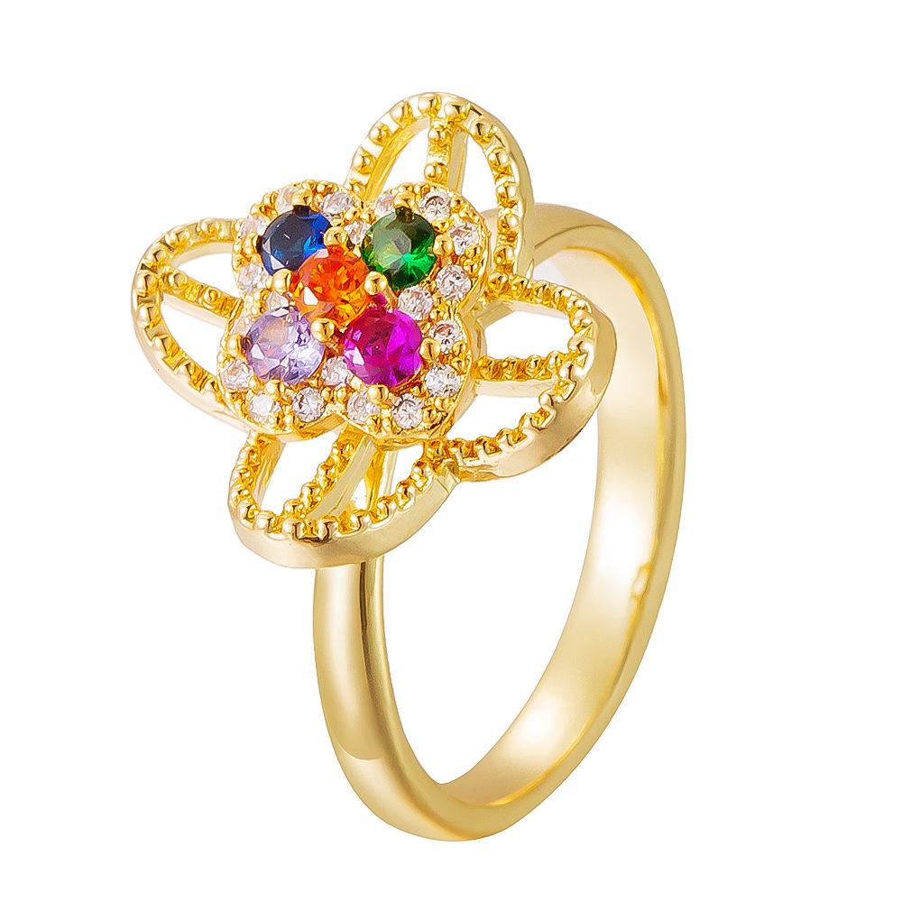 Copper Micro-Inlaid Zircon Four-Leaf Clover Adjustable Ring