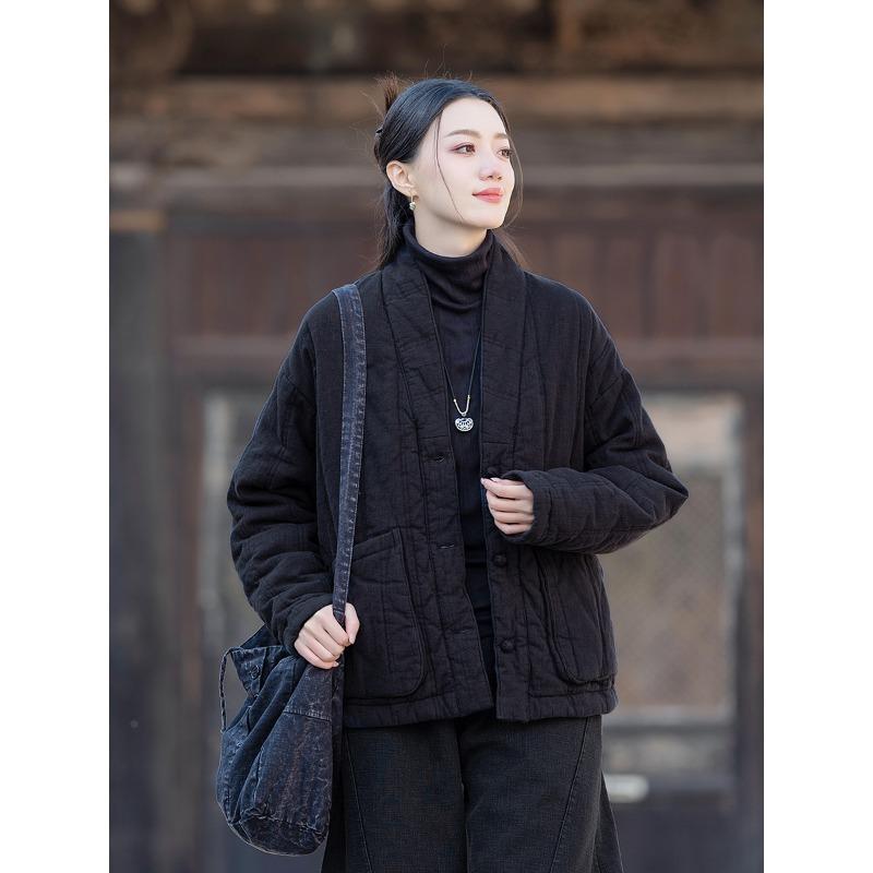 25 Winter Women's Clothing New Ramie Quilted Vertical Grid Shawl Collar Disc Buckle Cotton-padded Warm Cotton-padded Jacket Short Cotton-padded Jacket