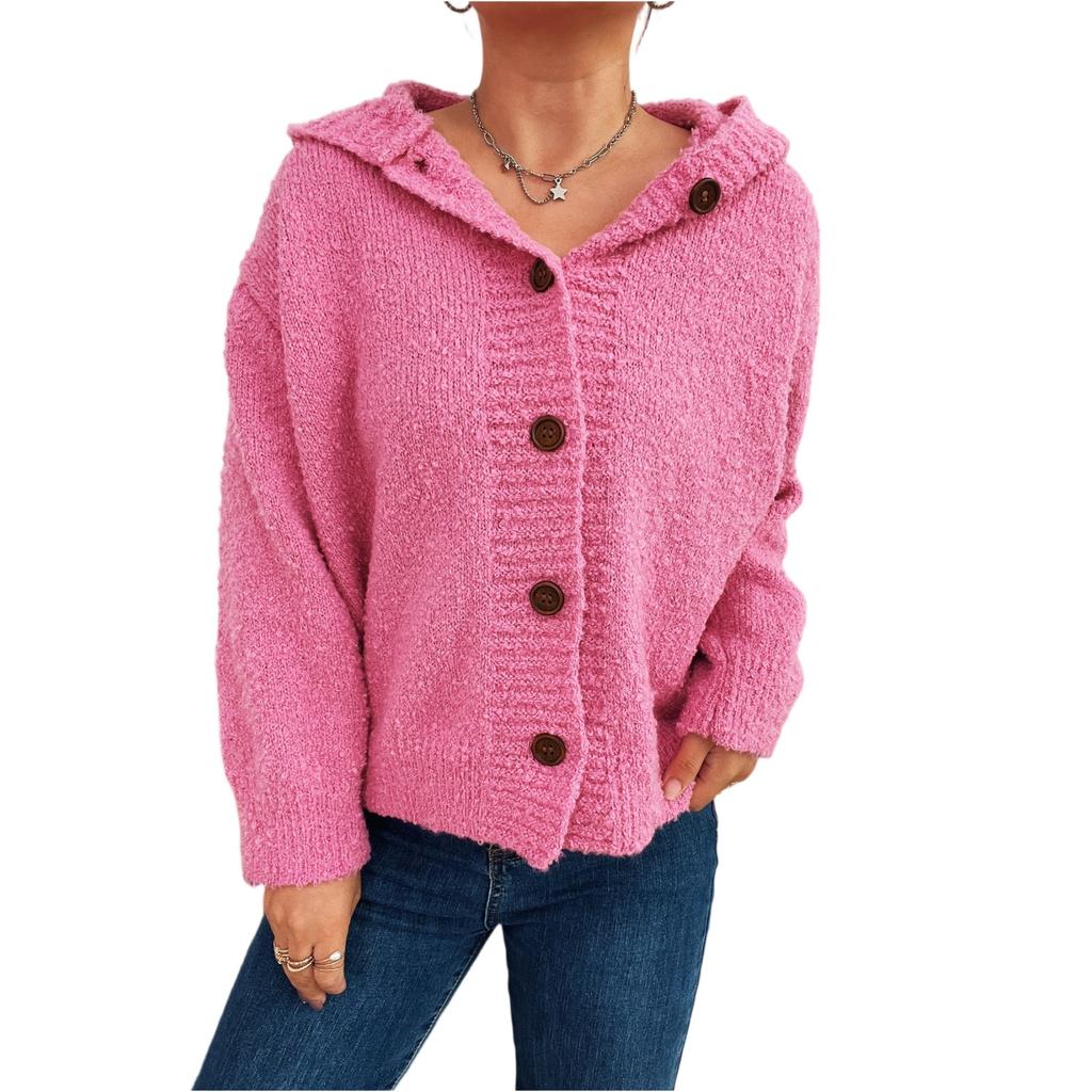 Women's Fashion Casual Thickened Hooded Single-Breasted Long-Sleeved Cardigan Button Knitted Sweater Jacket