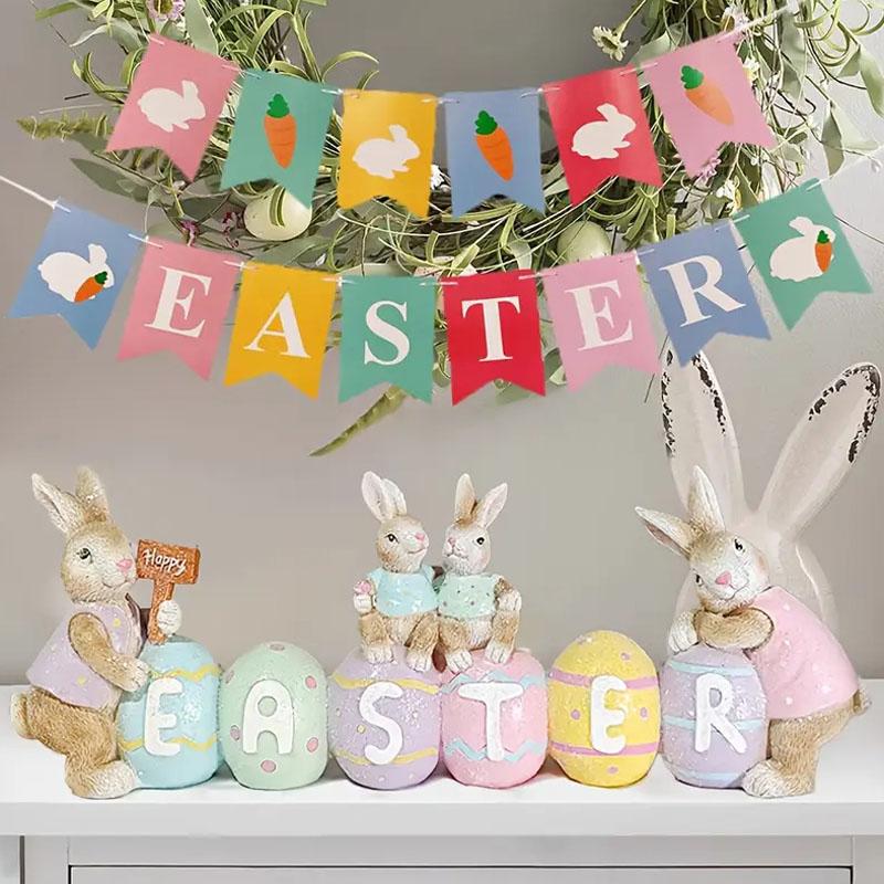 Happy Easter Bunny & Eggs Tabletop Decor - Boho Resin Rabbit Sign for Spring Home, Kitchen, Bedroom - Unique Holiday Party Centerpiece & Gift