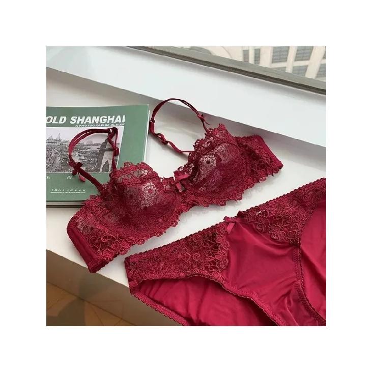 Sexy Lace Bra Set for Women Plus Size Half Cup Sheer Ultra Thin Nipple Concealed Erotic Lingerie Push Up Comfort Underwear Set