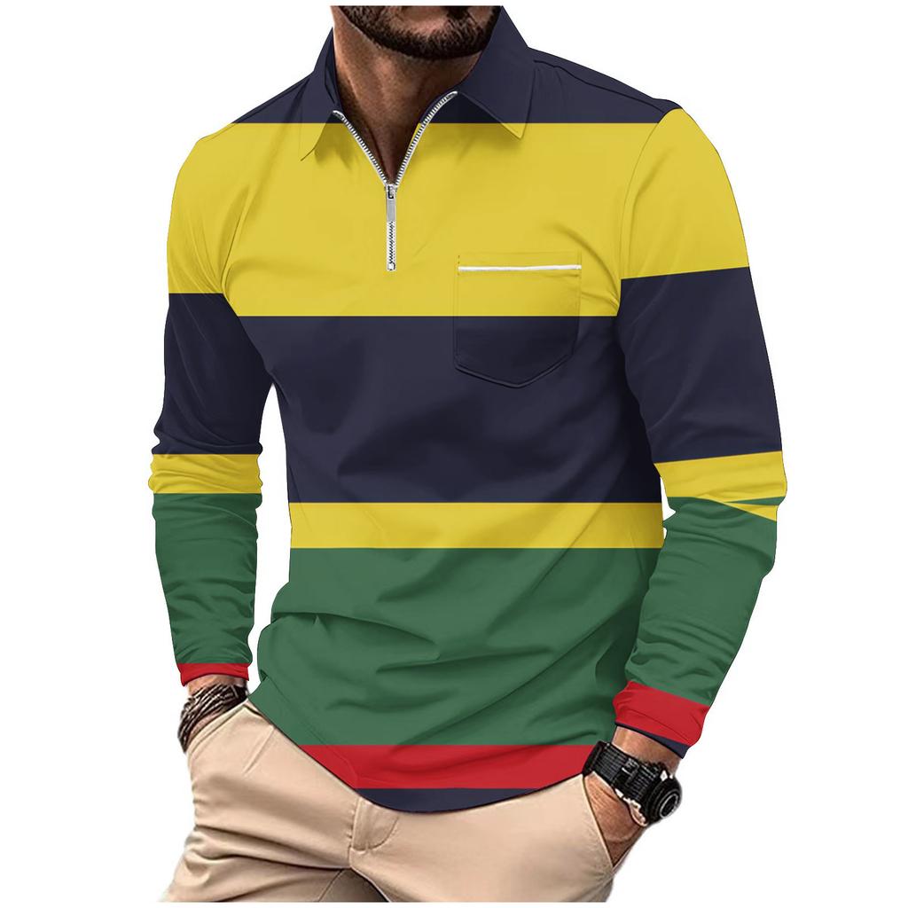 Fashion Polo Shirt Men's Printed Long Sleeve Zip Pocket Sports Polo Shirt Men's Striped Sweatshirt