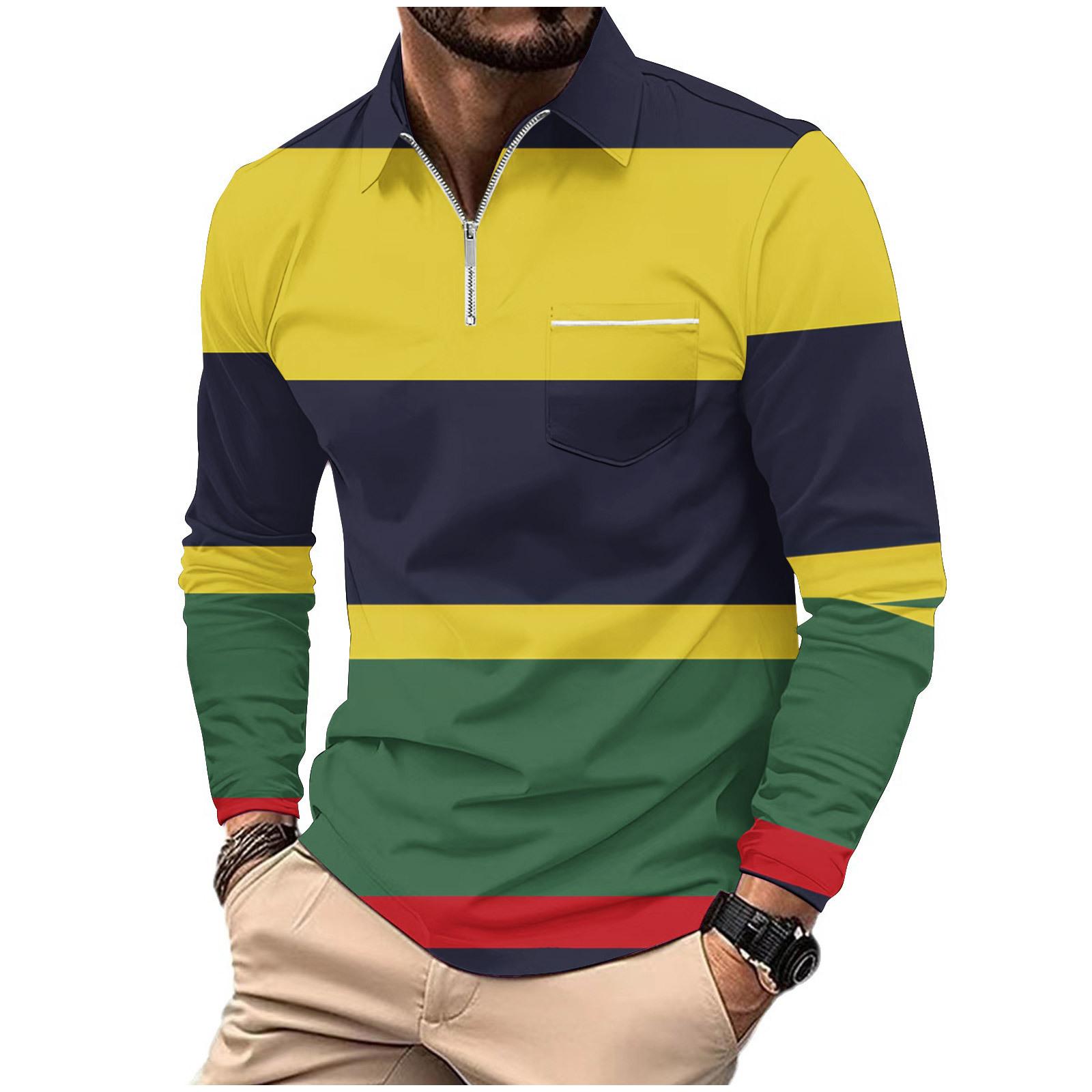 Fashion human Modepolo Heren Bedrukt Lange Mouw Zak met Rits Sportpolo Heren Gestreept Sweatshirt 4XL